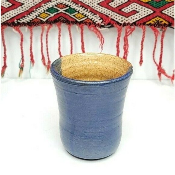 Handmade Signed Marked Vase or Utensil Holder Pottery Blue/Brown 5" - Picture 3 of 7